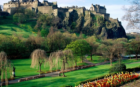 a scenic delight - building, trees, park, nature, cstle, manmade, green, flowers, grass