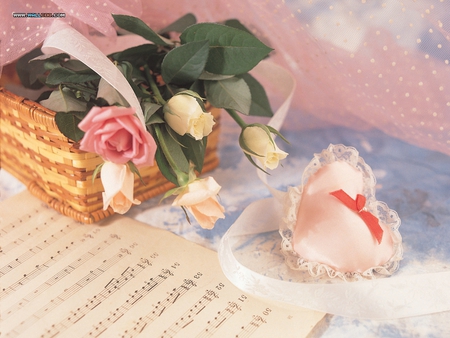 Romantic Roses - romantic, roses, musoc, basket, still life