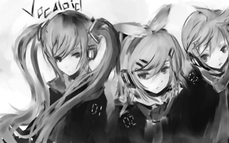 vocaloid gang - anime girl, black, miku hatsune, rin, miku, ribbon, hatsune miku, kagamine rin, girl, twintails, scarf, len, rin kagamine, microphone, twin tails, vocaloid, len kagamine, kagamine len