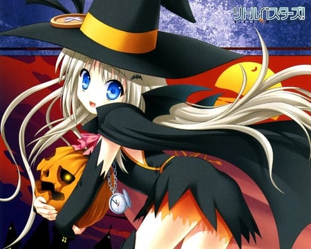 cute witch - hat, pumkin, sexy girl, cape, long hair, witch, golden hair, cute girl, halloween, cute, sexy, blue eyes