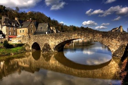 Village Bridge - village, clouds, river, brick, old, rock, sky, bridge