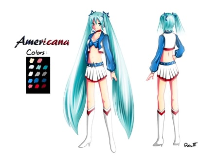 American Miku - aqua, bikini top, thighhighs, music, design, anime girl, white, art, cool, aqua eyes, artistic, hatsune miku, skirt, song, vocaloids, program, vocaloid, beautiful, diva, nice, beauty, twintail, singer, aqua hair, black, virtual, pretty, idol, anime, miku, cute, girl, boots, cg, american miku, hatsune, bikini, red, blue, digital, awesome