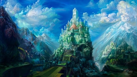 Mountain Castle - mountain, castle, clouds, figure, city