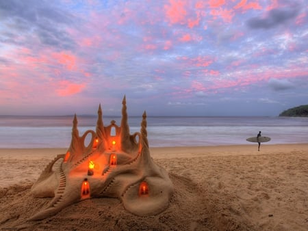 Castle in the sand - sands, ocean, beach, sky, candles, nature, romantic, clouds, castle, sea, sand, landscapes