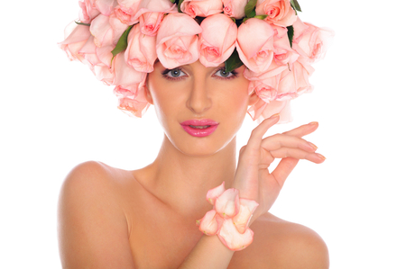 Woman - pretty, elegantly, roses, female, eyes, pink, face, nice, gently, delicate, beautiful, photography, girl, beauty, lovely, cool, petals, bouquet, body, white, lips, hand, lady, woman, soft, model, rose, makeup