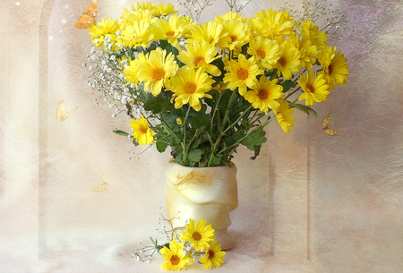 still life - beauty, nice, chrysanthemum, photography, delicate, bouquet, still life, pretty, yellow, cool, gently, harmony, soft, chrysanthemums, lovely, vase, butterfly, beautiful, flowers, photo, elegantly, flower