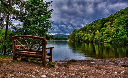 Beautiful view-HDR - nice, beauty, sky, trees, riverbank, photography, water, bench, view, pretty, reflection, cool, river, clouds, hdr, lake, landscape, lovely, nature, forest, beautiful, scenery, colors