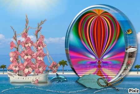 Get Away Into My Dreams - flowers, fantasy, ballon, pixia free software, boat, gladollia, island, fractal