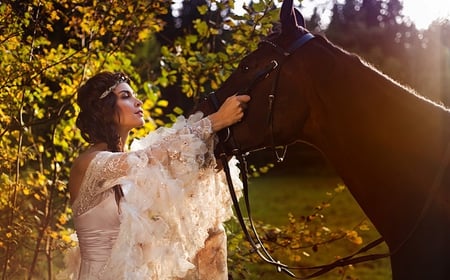 Mutual understanding without a word - woman, beauty, stare, brown horse, trees, eyes, sun, understanding, beautiful lady, lovely face, sunny day, love, lady, white dress, nature, horse, beautiful dress, friends, friendship