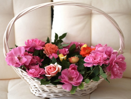 Flowers on the couch - flowers, roses, basket, nature, couch, room