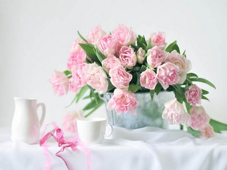 Soft pink tullips - flowers, vase, white, nature, ribbon, tullips, pink