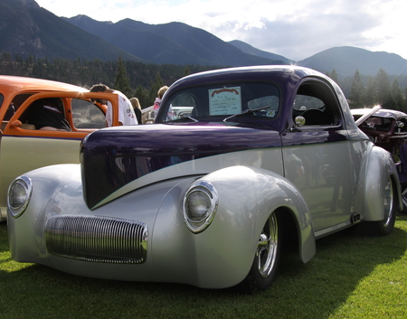 Hot Rod 1941 Willys - silver, mountains, purple, black, white, tire, nickel, car, clouds, photography, orange, trees, willys, green