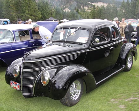 Ford 1938 at the Radium Hot Springs car show 19 - headlights, silver, purple, black, grass, tire, ford, nickel, photography, trees, green