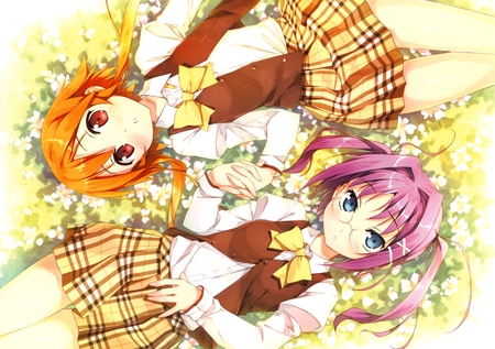 Kantoku - blush, red eyes, uniform, short hair, bed, 2girls, glasses, pink hair, orange hair, blue eyes