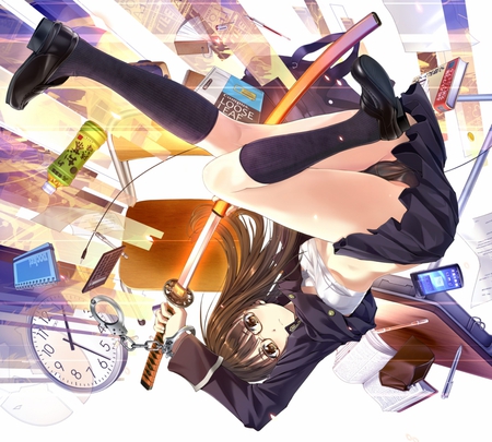 Original - long hair, glasses, brown eyes, uniform, brown hair, weapon, school