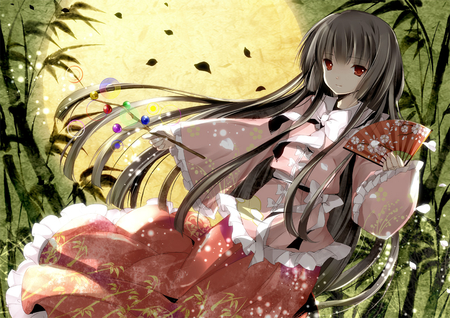 Touhou - moon, touhou, black hair, kimono, long hair, red eyes