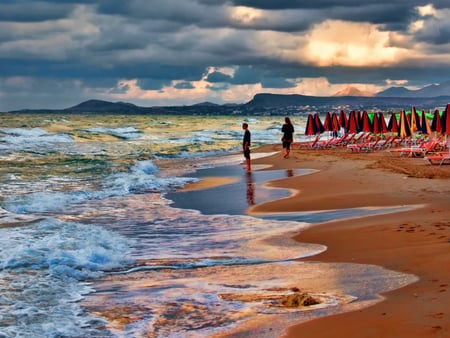 Simply Beautiful - woman, beauty, sky, beach, footprints, peaceful, colorful, chairs, umbrellas, view, reflection, man, clouds, umbrella, romance, sand, love, ocean, landscape, sunlight, girl, waiting, lovely, waves, nature, chair, romantic, beautiful, splendor, colors, sea