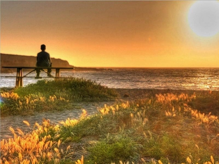 Sitting and Watching it Rise - boy, beach, sun, rise