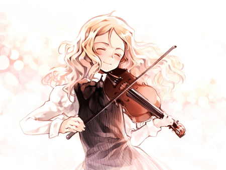 Lost in the music - girl, anime, blond, blush, violon, cute