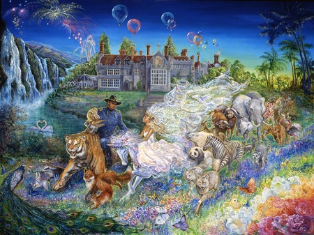 Wedding - josephine, princess, animals, bride, waterfall, fantasy, tigers, gorgeous, hearts, art, fireworks, prince, butterflies, spikey, wedding, magical, dream, bridegroom, beautiful, josephine wall, digital, tiger, unicorn