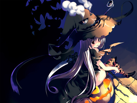 Little Witch - costume, hat, pumpkin, magic, hair, cladding, fantasy, ginger, halloween, purple, orange, anime, manga, smoking hat, girl, witch, little witch, pink, smile