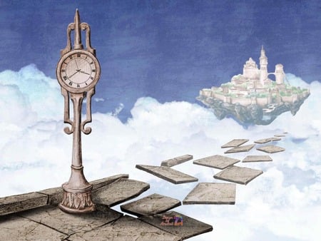 Flying Castle Clock - clouds, path, clock, castle, sky