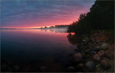 Sunset - landscape, beautiful, stones, lake, sky, reflection, clouds, trees, sunset, colors