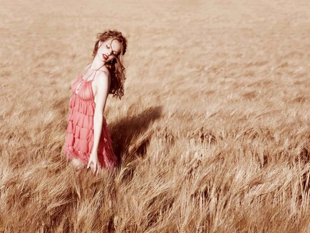 Pretty in Pink - woman, beauty, girl, wheat, photography, field, pink, beautiful, pink dress