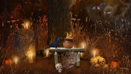 Halloween Spirits - autumn, graveyard, trees, candles, bench, ghost, halloween, flame, pumpkins, fall, forest, bat, firefox persona