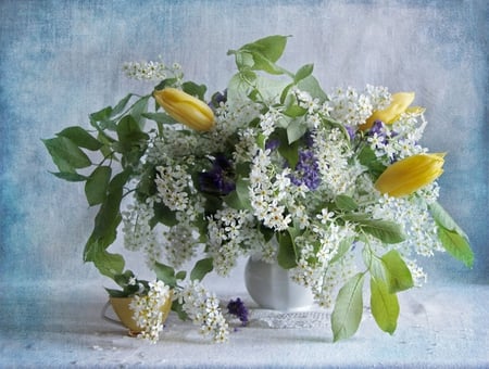 Beautiful still life - beautiful flowers, peace, photography, bouquet, cup, white, yellow, flowers, harmony