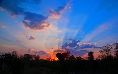 RISING IN LOVE - clouds, heart, nature, rising sun, beams, love