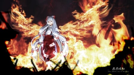 Fujiwara No Mokou - female, hot, wings, anime girl, fire, fujiwara no mokou, red eyes, flame, touhou, sliver hair, cool, fire wings, hair bow, cg, bow, 3d, smile, dress