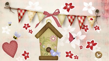 Country Charm - flowers, bird, bird house, flags, country, hearts