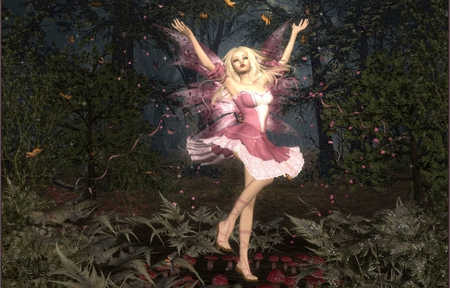 FOREST FAIRY - female, wings, dress, mushrooms, fairy, forest, pink