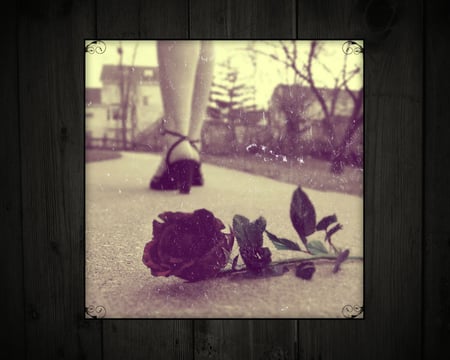 No More Waiting - love, girl, sad, heels, rose, black, wood, romantic, vintage, red, romance