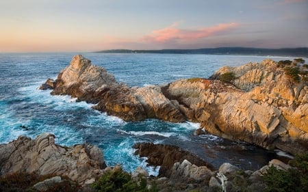 Rocks in the sea - sunset, blue water, california, sea, rocks, sky