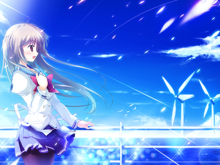 Haruka Nanami - skirt, sky, girl, windmills, long hair, water, bow, haruka nanami, clouds, petals, tie, anime, uniform, ribbon