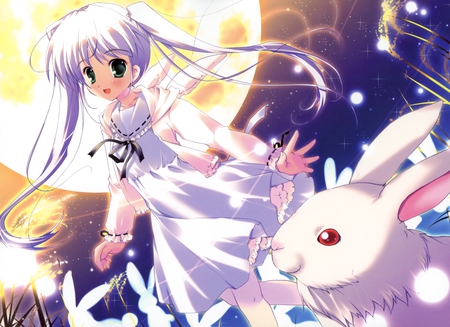 Shiro Tougi - moon, girl, light, long hair, pigtails, shiro tougi, bunny, rabbit, petals, ribbon, dress