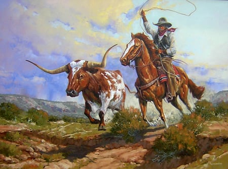 The cowboy at work - nature, horses, art, cow, animals, oilpainting