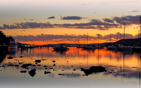 DUSK at HARBOUR - evening, beach, harbour, sunset, boats