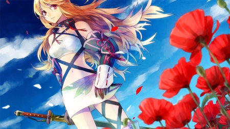 Milla Maxwell - sky, female, milla maxwell, tales of xillia, blue, anime, sword, flowers, babe