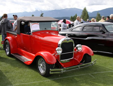 Ford 1928 in Radium Hot Springs car show 28  - photography, ford, mountains, black, white, headlights, silver, car, clouds, umbrella, green, tree, nickel, grills, chrome, red, tire