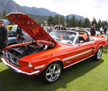 Ford Mustang 1968 Convertible in Radium Hot Springs car show 33  - headlights, red, silver, mountains, yellow, white, tire, ford, nickel, engine, photography, mustang, trees, green