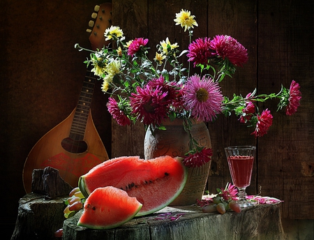 Still Life - watermelon, glass, photography, still life, vase, pretty, beautiful, petals, flowers, colors