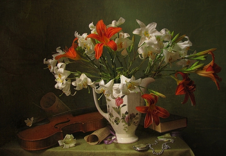 Still Life - pretty, vase, lilies, book, violin, beautiful, photography, clock, colors, petals, still life, lily, flowers