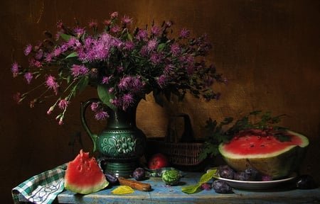 Still Life - pretty, vase, purple flowers, beautiful, photography, colors, still life, leaves, flowers, basket, watermelon, fruits