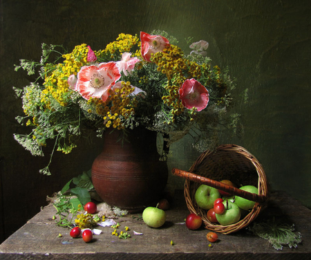 Still Life - pretty, beautiful, flowers, fruits, vase, still life, apples, photography, basket, colors