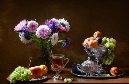 Still Life - pretty, vase, beautiful, photography, colors, still life, flowers, grapes, colorful, apple, fruits, glass