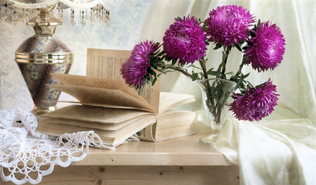 Still Life - purple, book, pretty, purple flowers, beautiful, flowers, vase, still life, lamp, photography, colors