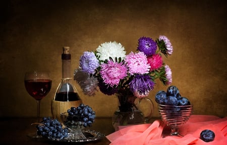 Still Life - glass, photography, colorful flowers, colorful, wine, still life, vase, pretty, beautiful, flowers, grapes, colors